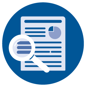 Illustration of a magnifying glass over paperwork that has a pie chart